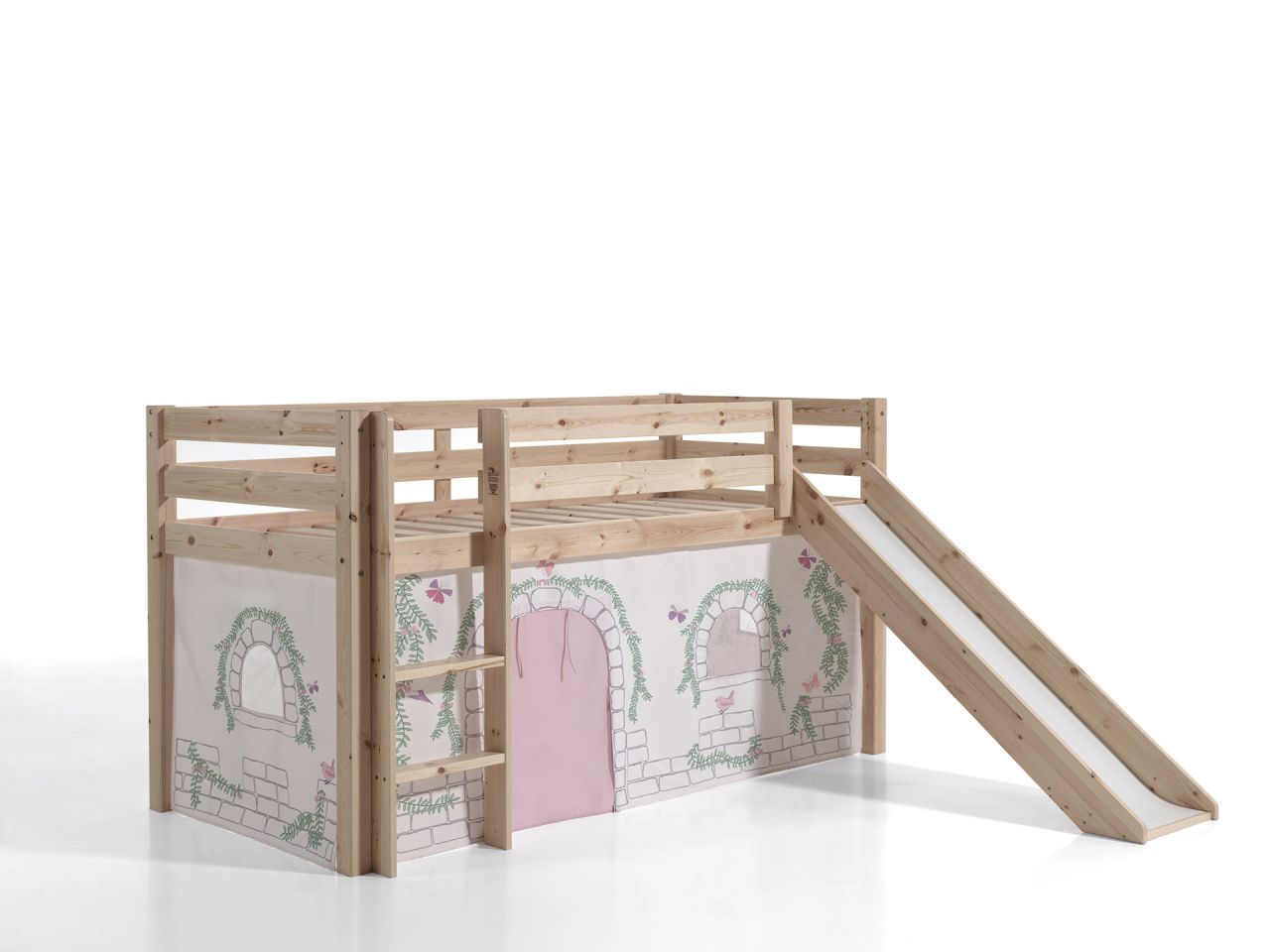 Vipack: 'PINO' Spielbett mit Rutsche 90 x 200 und Vorhang 'Birdy' - Massiv Natur