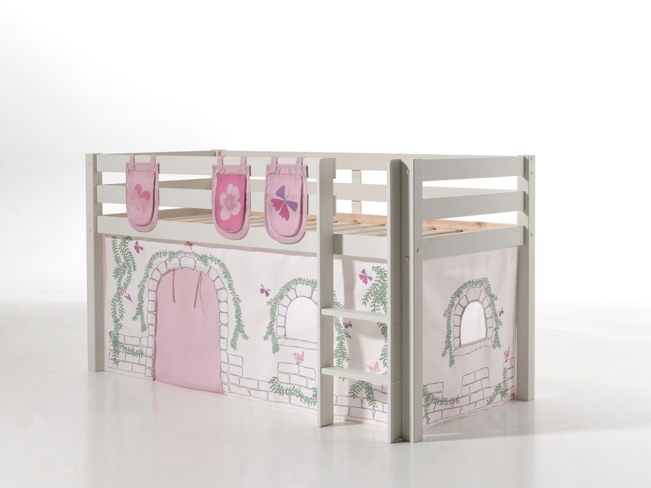 Vipack: 'PINO' Spielbett / Hochbett 90x200 mit Vorhang +Taschen 'Birdy' - Massiv