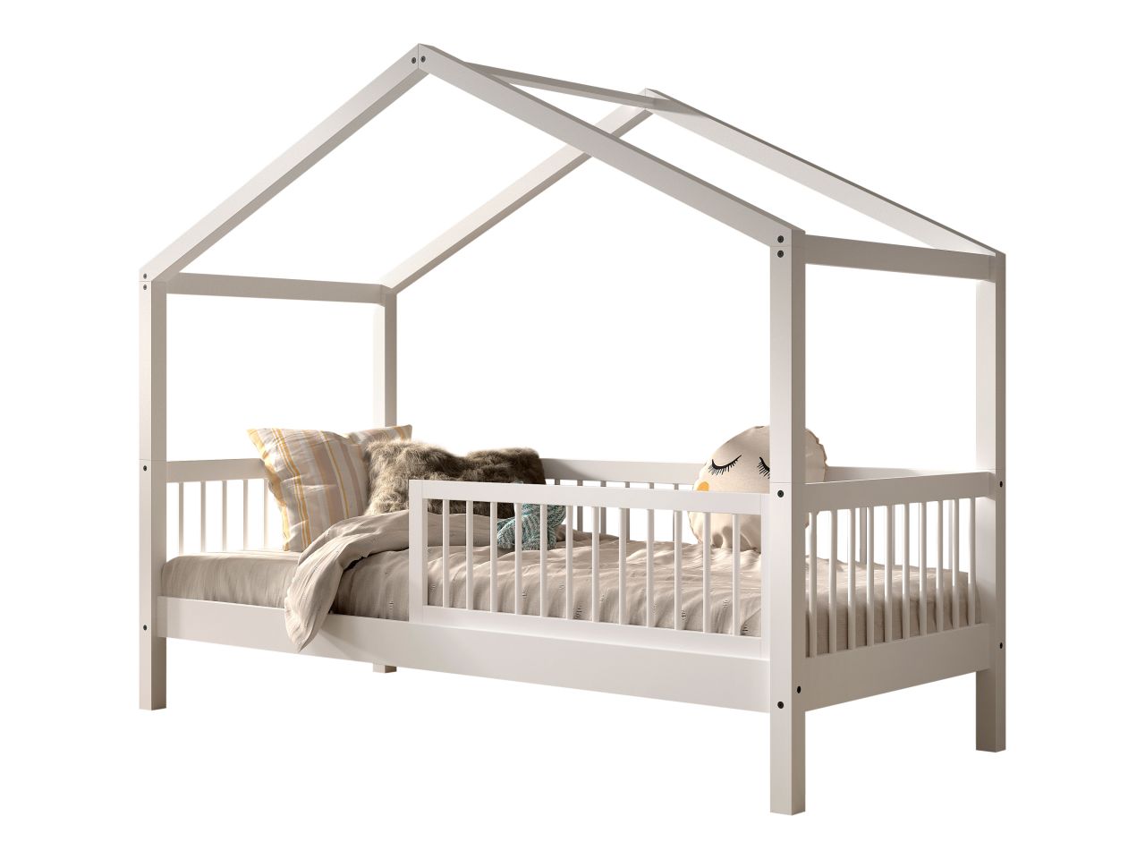 Hausbett Kinderbett 90x200 Rausfallschutz Lattenrost Spielbett Buche massiv Weiß