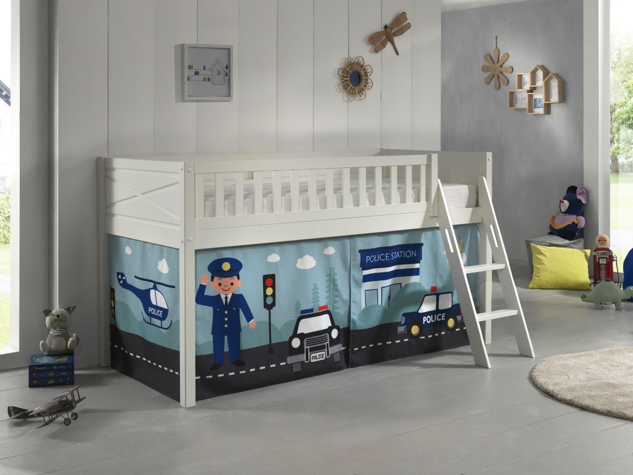 Set Spielbett Vorhang Lattenrost Hochbett Kinderbett 90x200 weiss Polizei blau