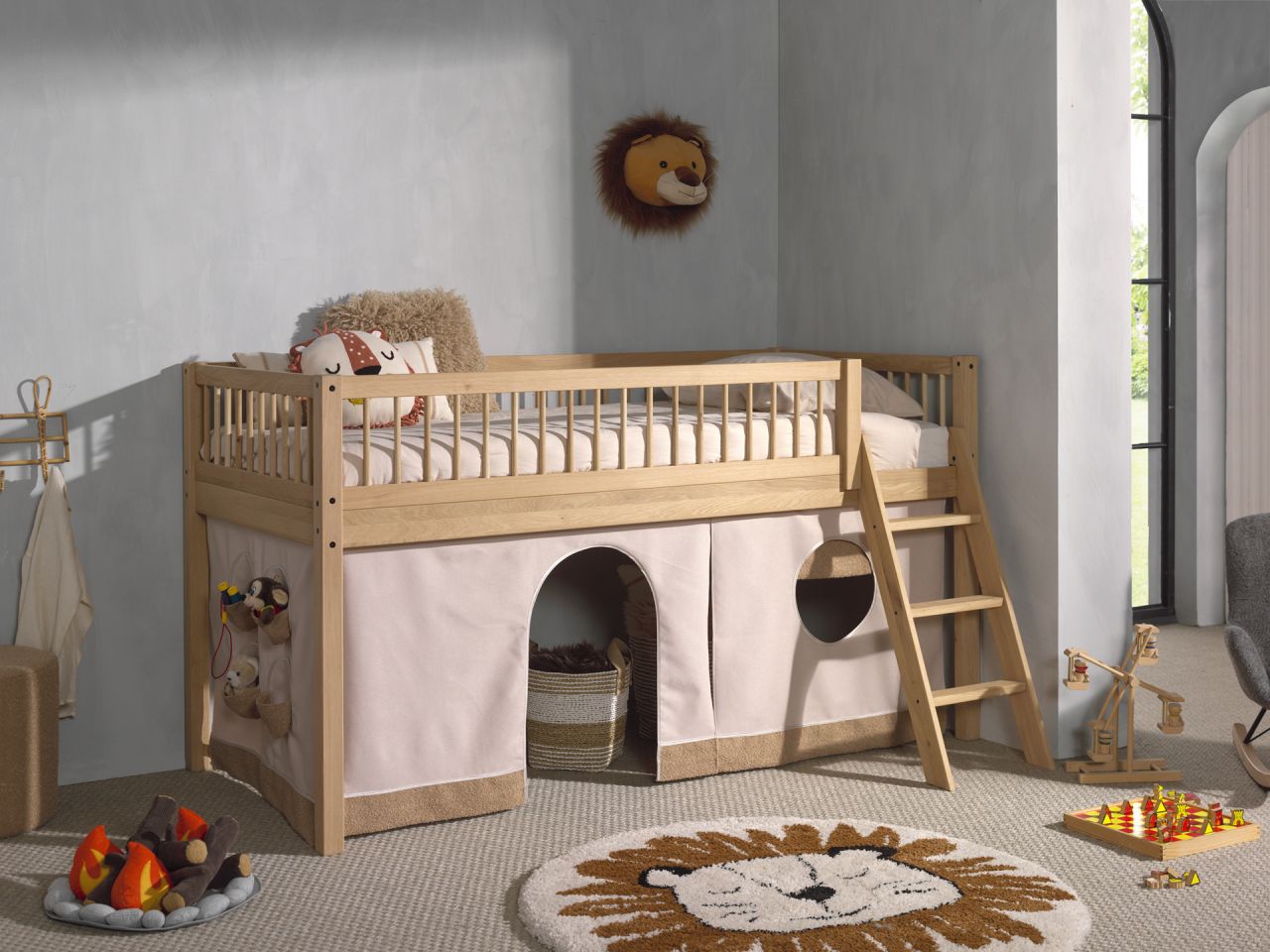 Halbhohes Bett Kinderbett 90x200 Vorhangset Lattenrost Spielbett Eiche massiv...