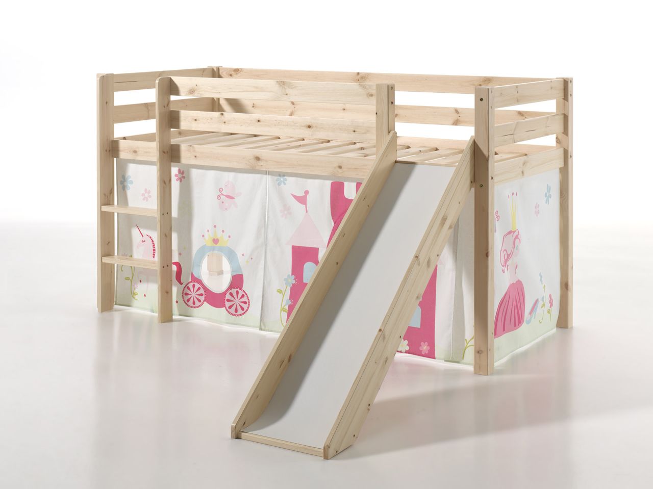 Spielbett Hochbett Kinderbett 90x200 Rutsche Vorhang Prinzessin Rosa Holzbett