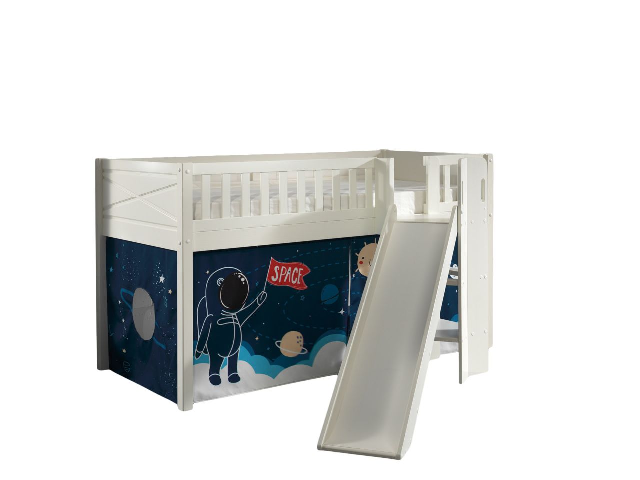 Set Spielbett Rutsche Vorhang Lattenrost Hochbett Kinder 90x200 Astro Weltall