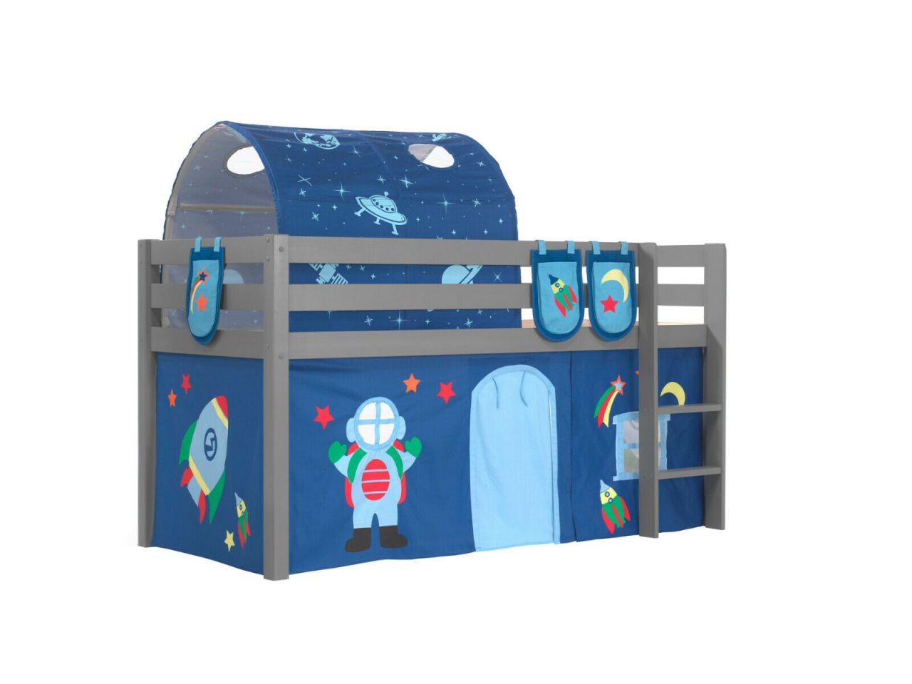 Vipack:Spielbett 'Pino' +Textilset+Taschen+Tunnel- Jugend/Kinderbett Hochbett