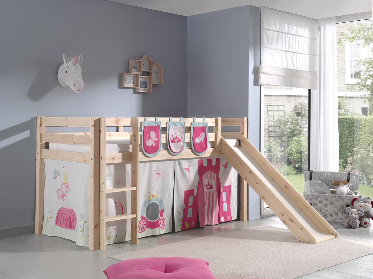 Spielbett Hochbett Kinderbett 90x200 Rutsche Vorhang Tasche Prinzessin Rosa Holz