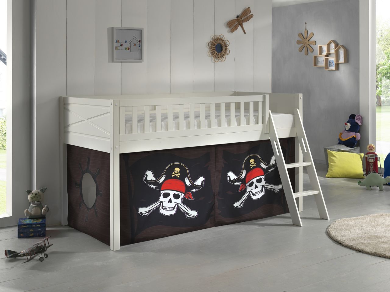 Set Spielbett Vorhang Lattenrost Hochbett Kinderbett 90x200 Piratenbett Schwarz