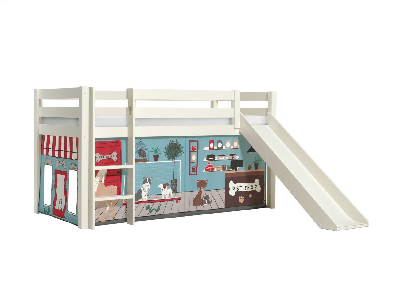 Vipack:'Pino' Halbhohes Bett mit Rutsche+Textilset 'Pet Shop'-Weiß