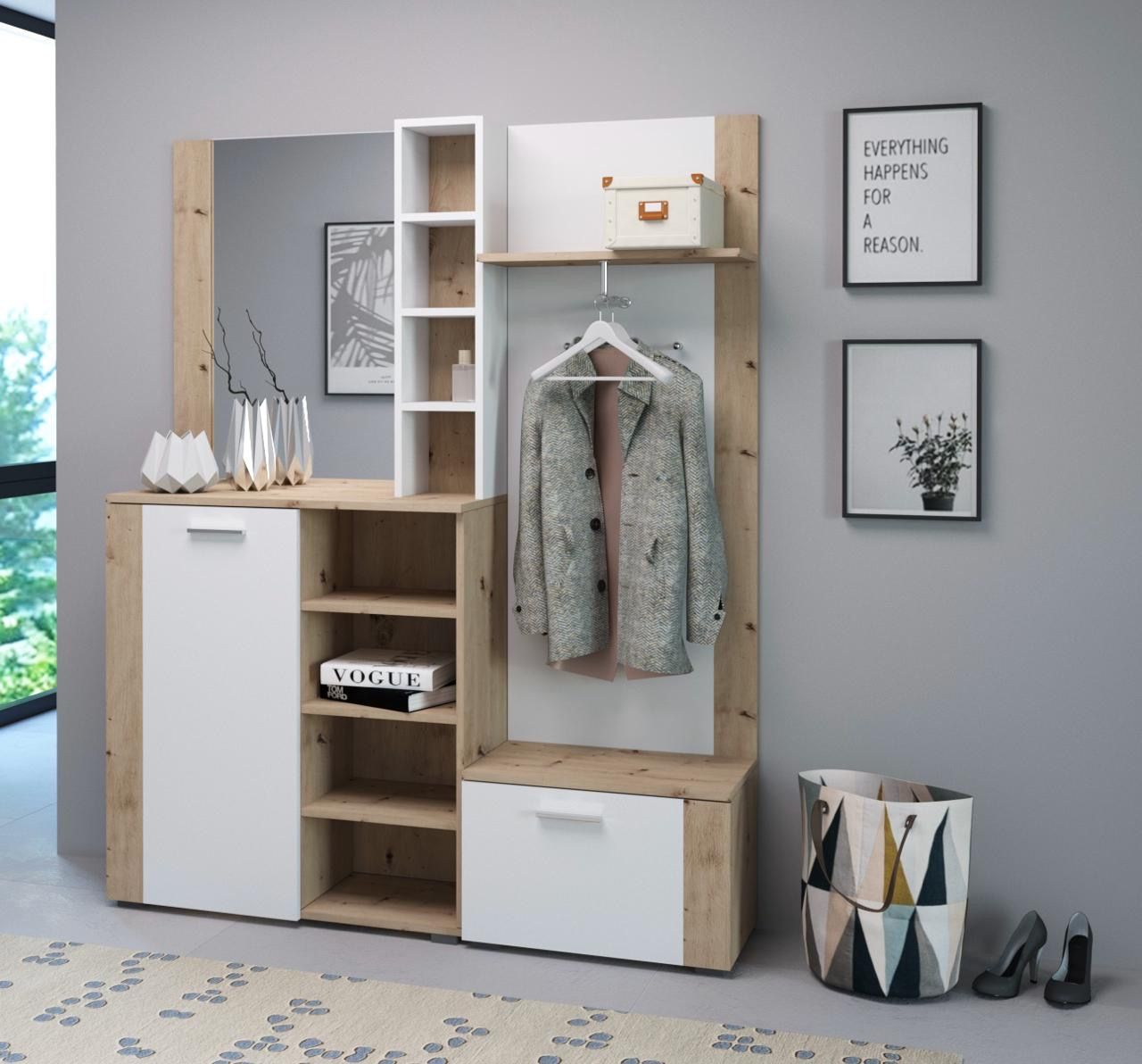 Garderobe Garderobenmöbel Flurgarderobe Dielenset Wohnmöbell Artisan Eiche Weiß