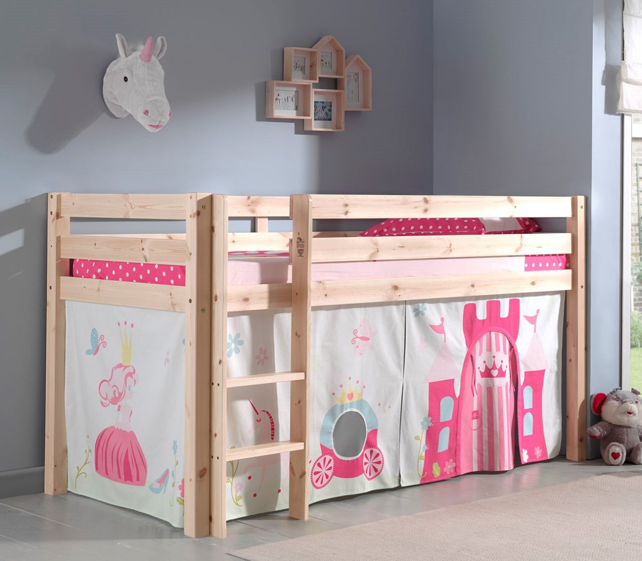 Spielbett Hochbett Kinderbett 90x200 Vorhang Prinzessin Rosa Holzbett Pink Natur