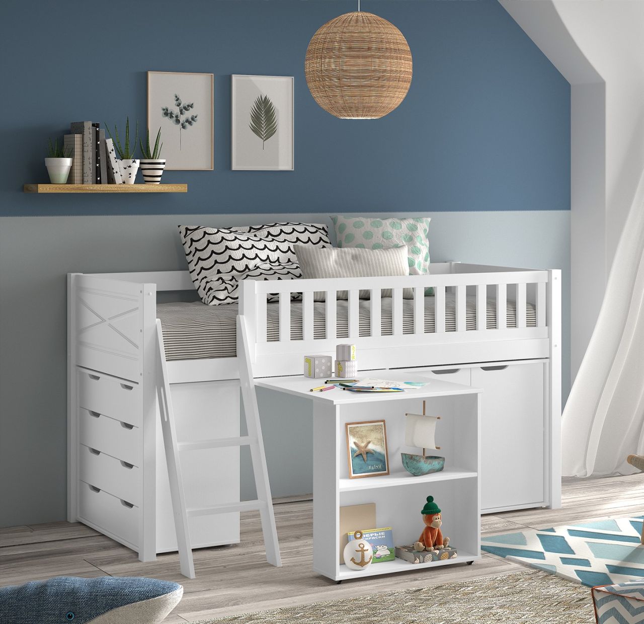 halbhohes Funktionsbett 90x200 Spielbett Jugendbett Schreibtisch 2 Kommoden Weiß