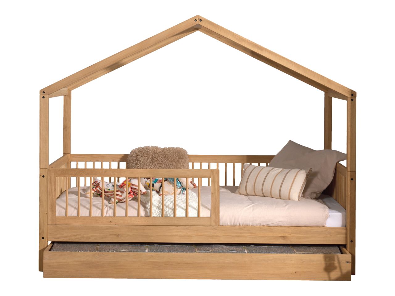 Hausbett Spielbett 90x200 Bettschublade Rausfallschutz Lattenrost Eiche massiv