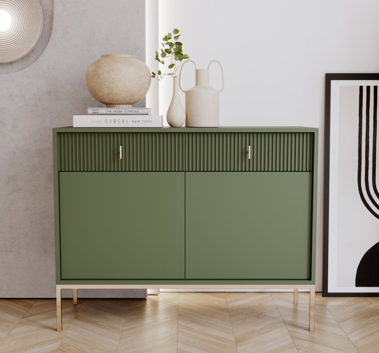 Sideboard Kommode 2T/2S Highboard Anrichte Wohnmöbel Schrank Rauchgrün Gold