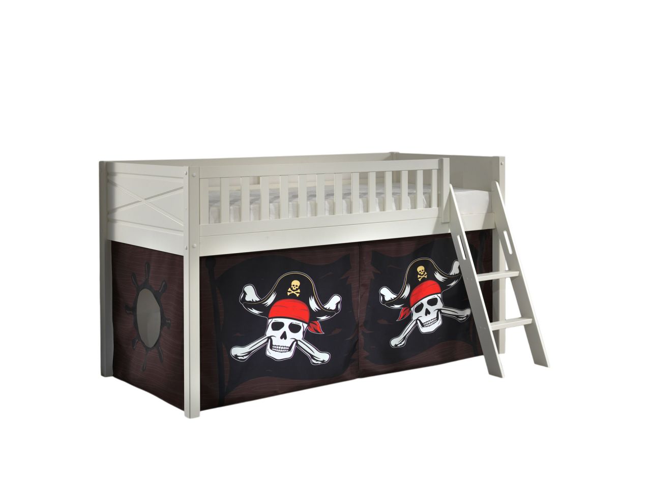 Set Spielbett Vorhang Lattenrost Hochbett Kinderbett 90x200 Piratenbett Schwarz