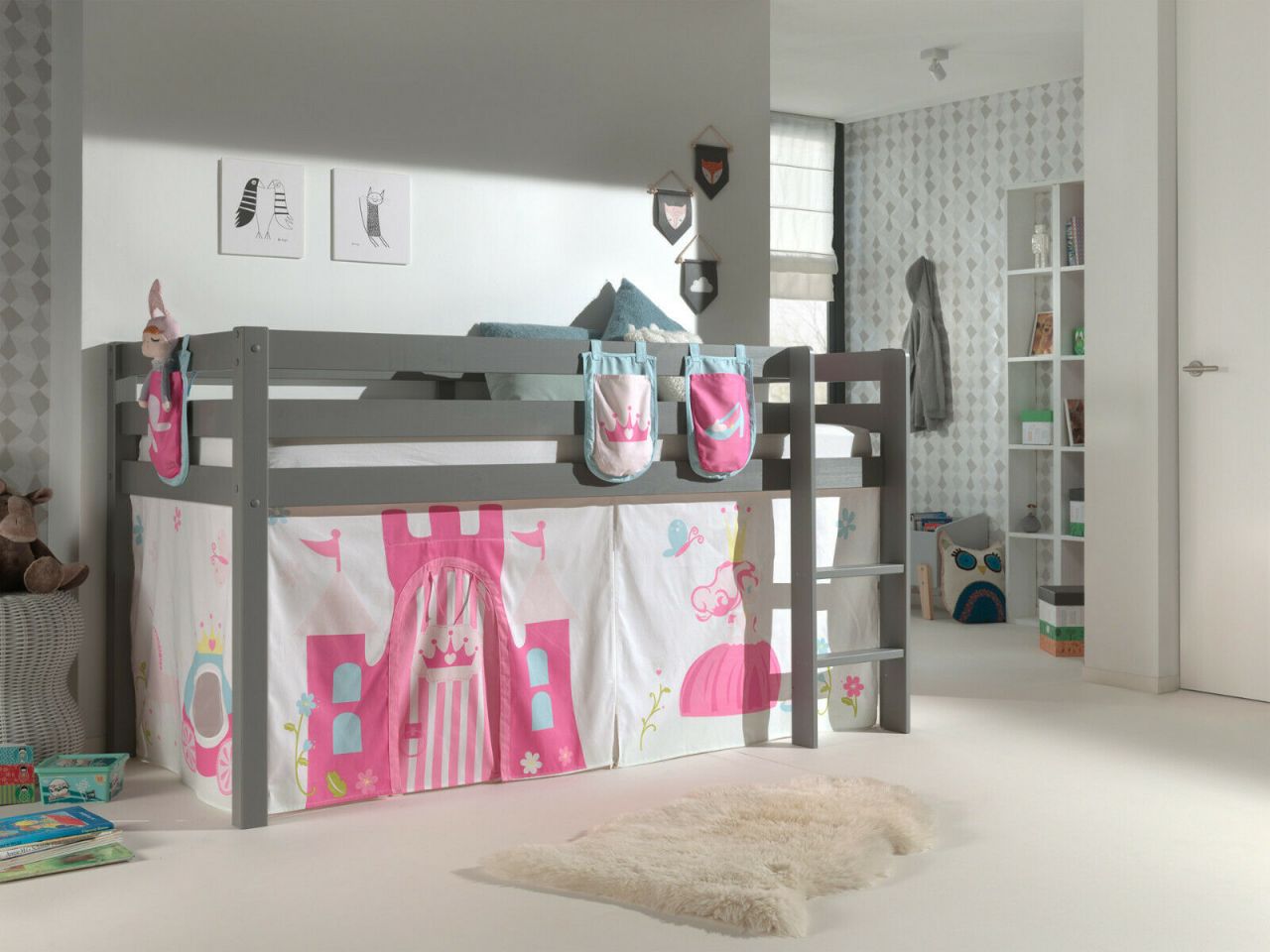 Vipack:Spielbett 'Pino' +Textilset+Taschen-Jugend/Kinderbett Hochbett Prinzessin