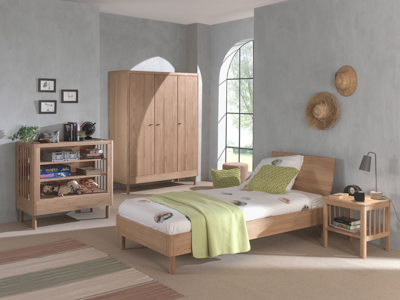 Set Futonbett Schrank 3T Nachtkonsole Regal Lattenrost Eiche massiv natur geölt