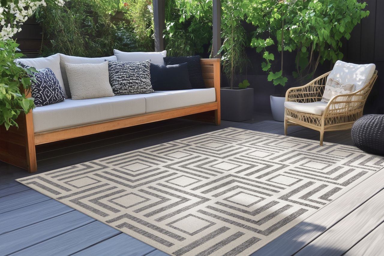 Teppich Höhe 5 mm Kurzflorteppich rechteckig Elfenbein Indoor Outdoor 4 Größen