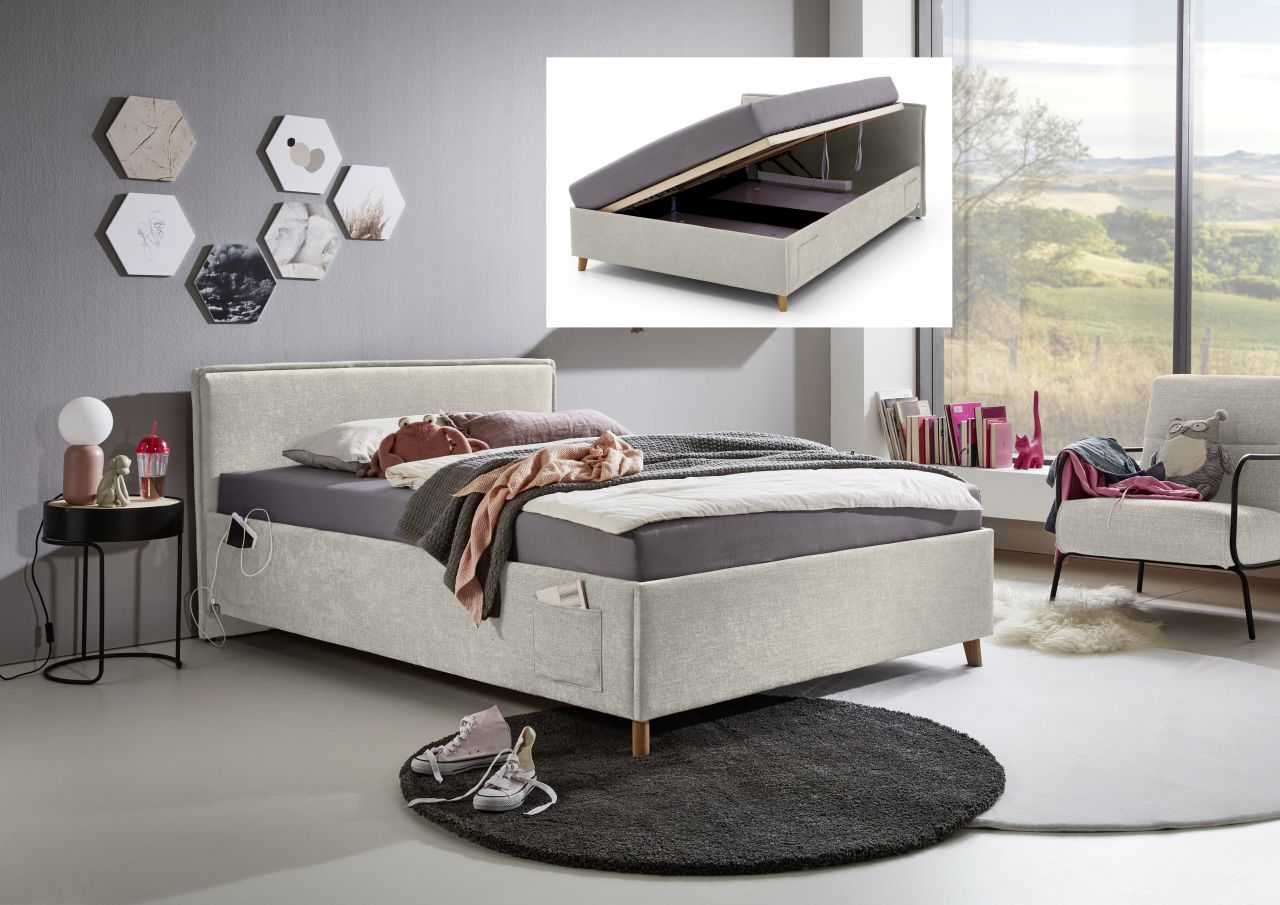 Polsterbett mit Bettkasten Lattenrost 3 Größen Jugendbett USB-Anschluss Beige