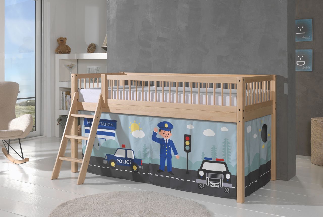 Halbhohes Spielbett Kinderbett 90x200 Vorhangset Polizei Buche massiv Natur