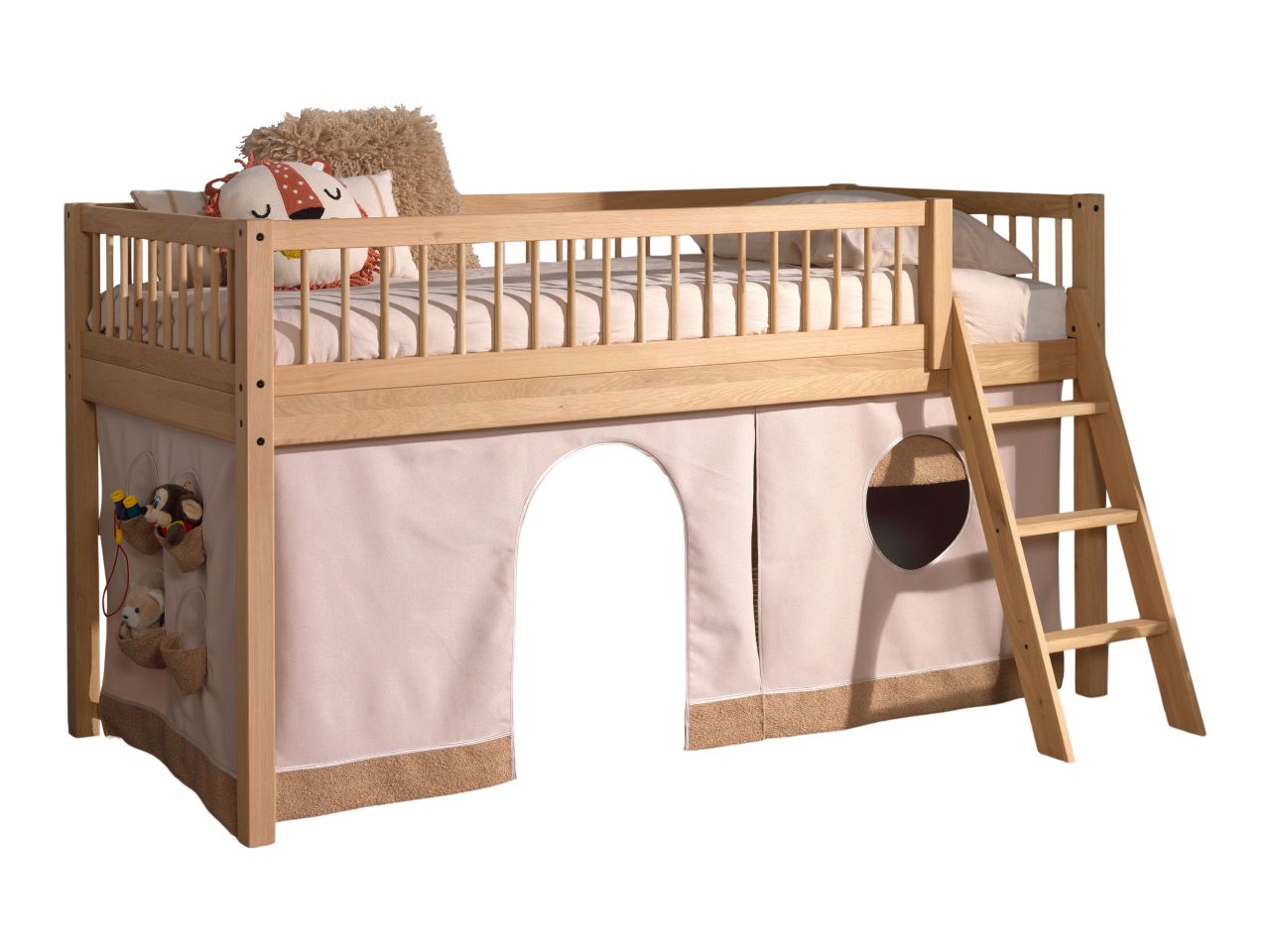 Halbhohes Bett Kinderbett 90x200 Vorhangset Lattenrost Spielbett Eiche massiv...