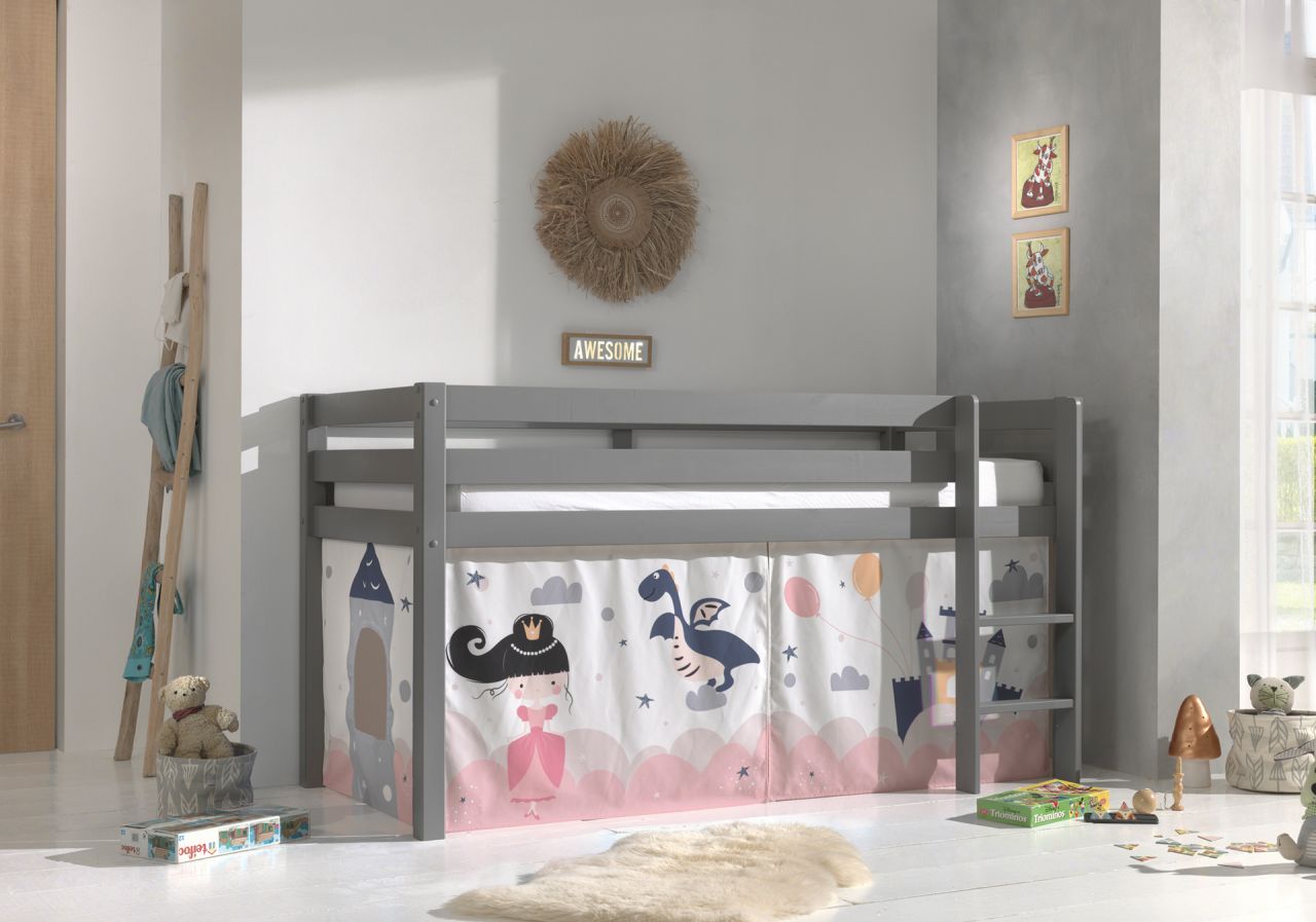 Vipack:'Pino' Halbhohes Bett mit Textilset 'Princess Sophie'-Grau