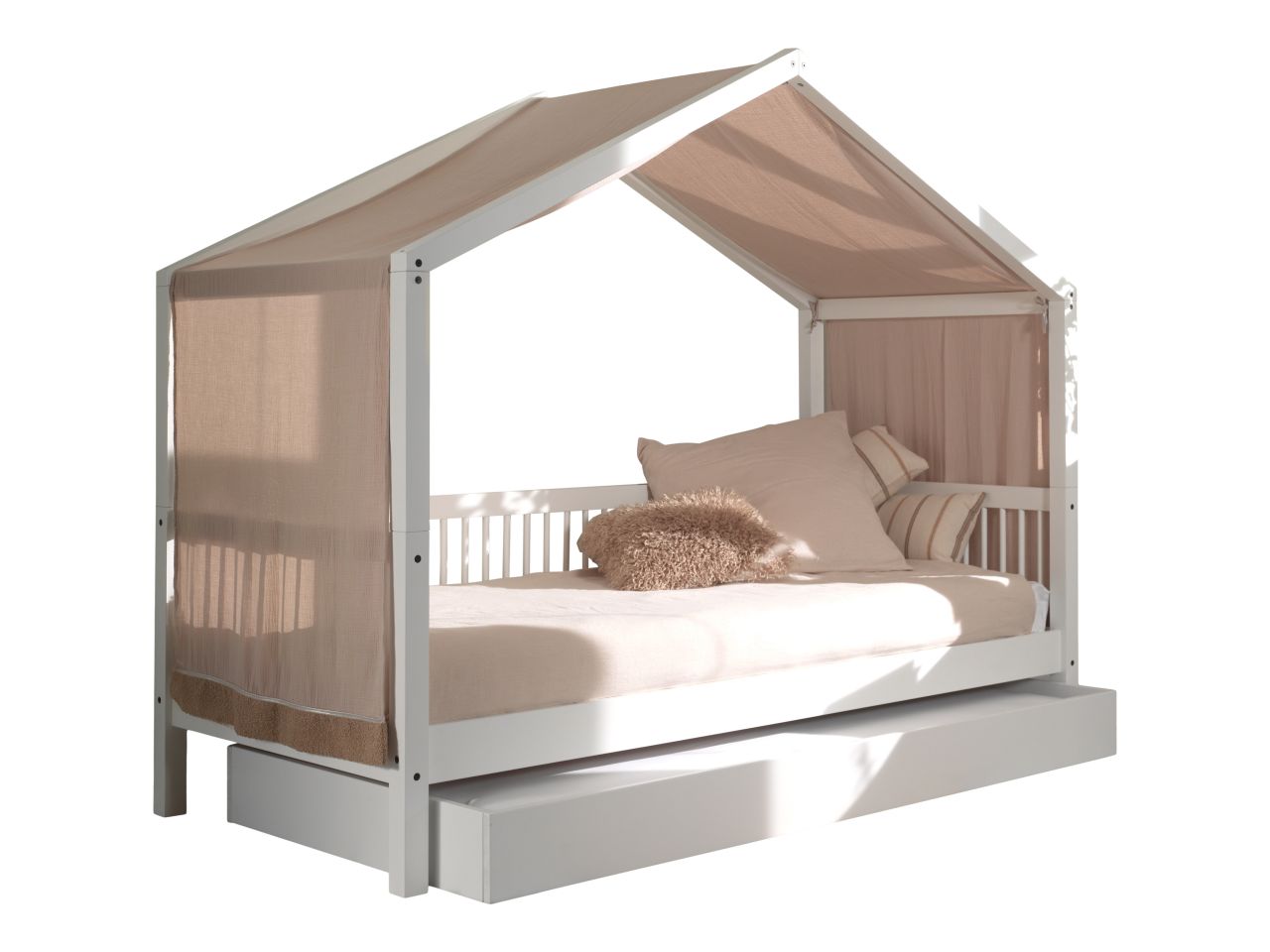 Hausbett 90x200 mit Bettschublade Textilhimmel Lattenrost Spielbett Buche massiv