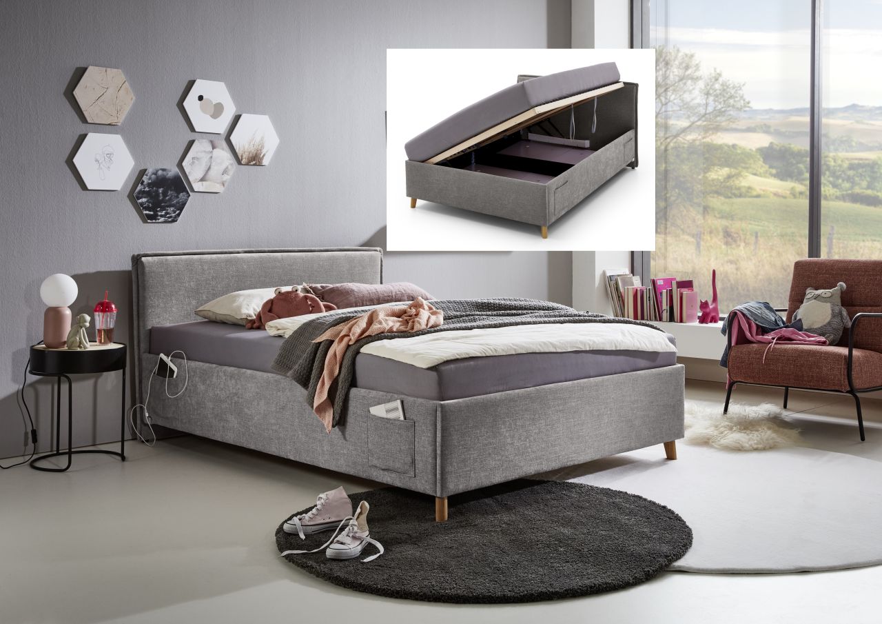Polsterbett mit Bettkasten Lattenrost 3 Größen Jugendbett USB-Anschluss Grau