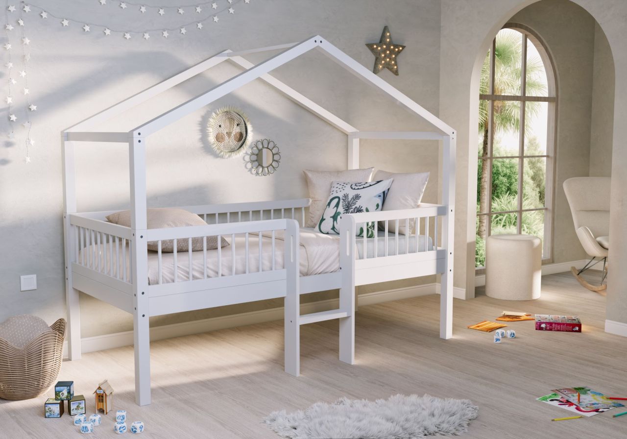 Halbhohes Hausbett Leiter Lattenrost 90x200 Spielbett Buche massiv weiß