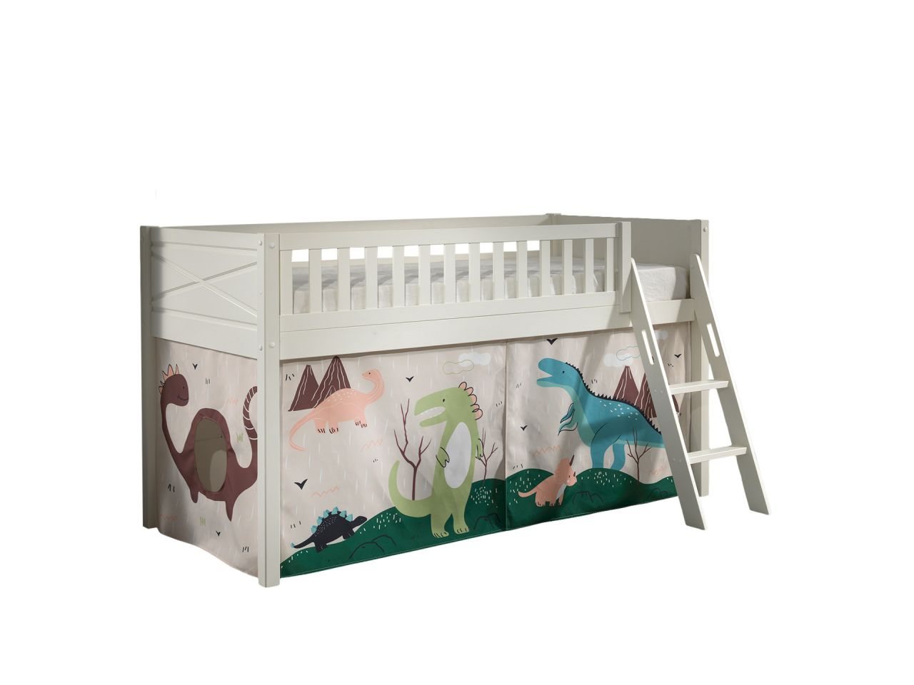 Set Spielbett Vorhang Lattenrost Hochbett Kinderbett 90x200 Dinosaurier weiß