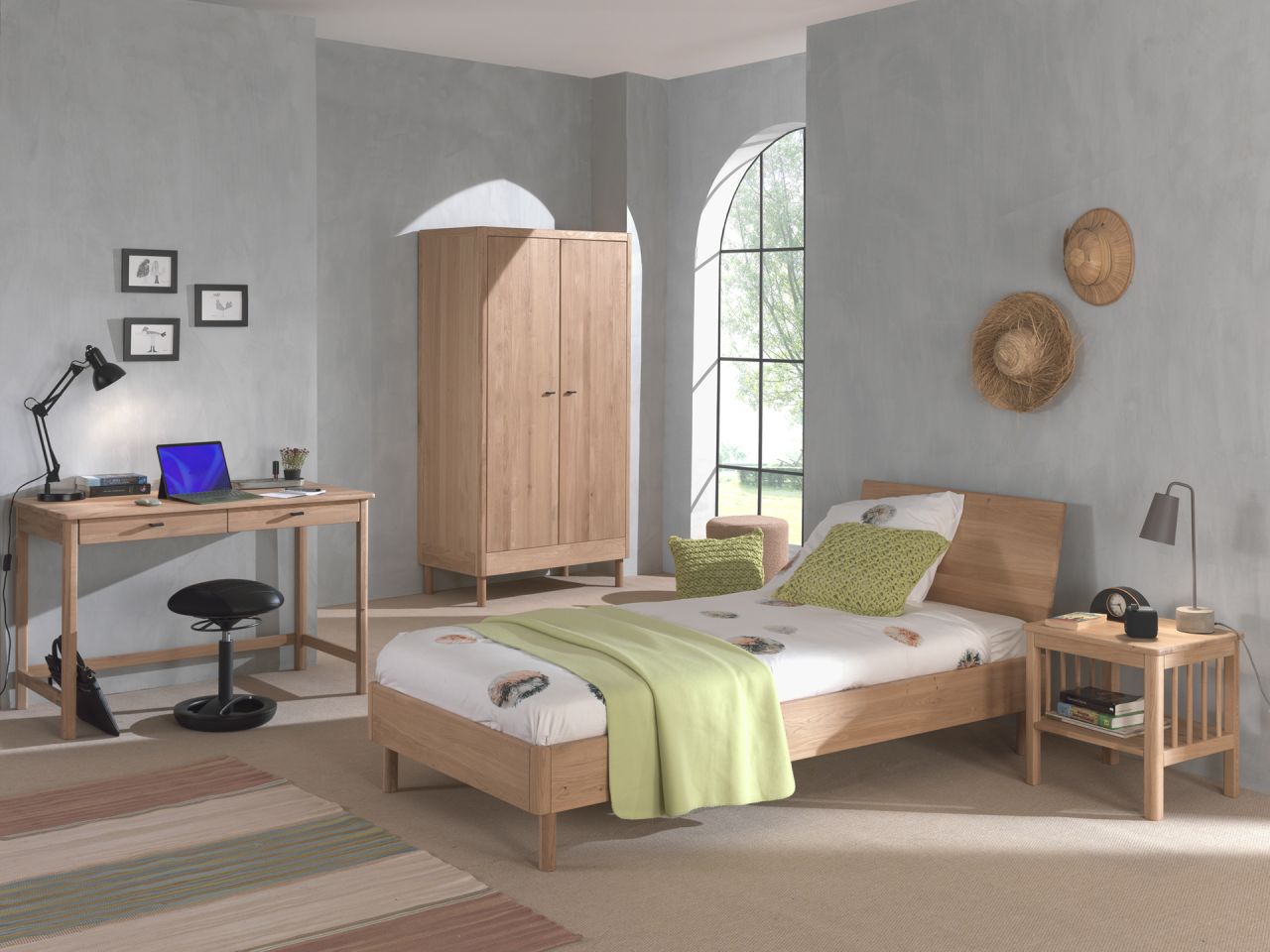 Set Futonbett Schrank 2T Nachtkonsole Schreibtisch Lattenrost Eiche massiv geölt