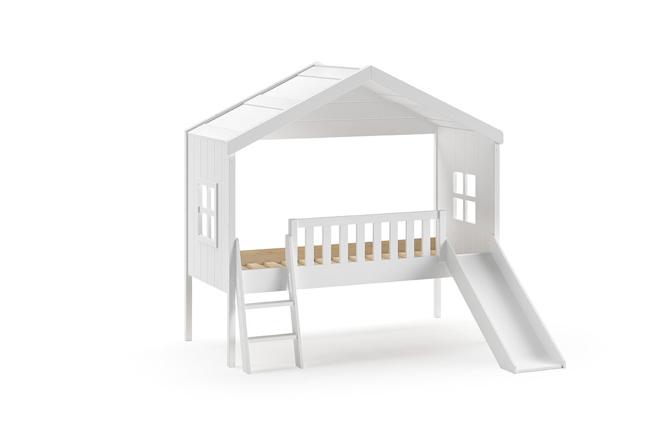 Hausbett Rutsche 90x200 Kinderbett Spielbett Hochbett Lattenrost Weiß Einzelbett