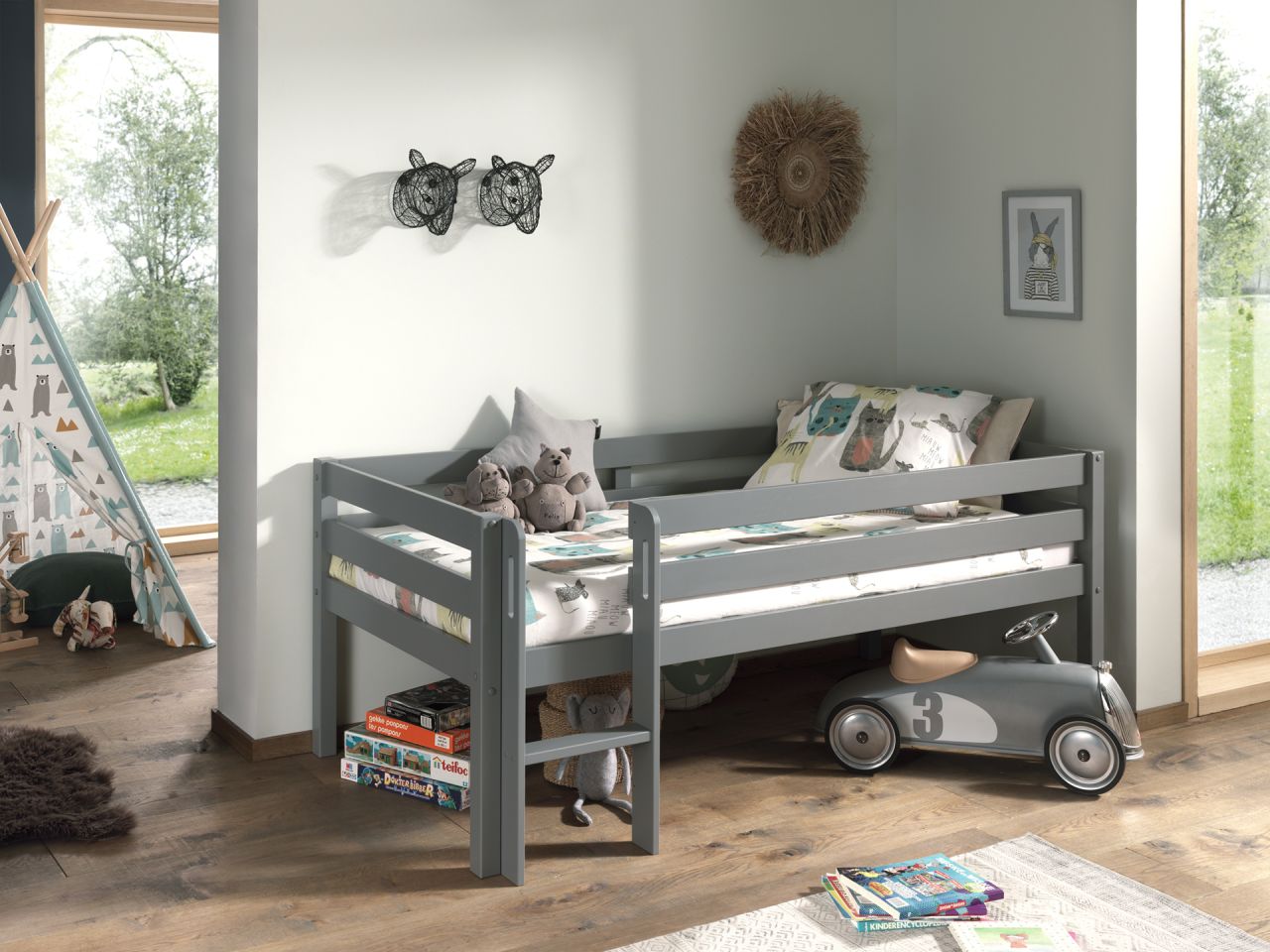 Kojen Spielbett Leiter Lattenrost 90x200 Kinderbett Einzelbett Kindermöbel Grau