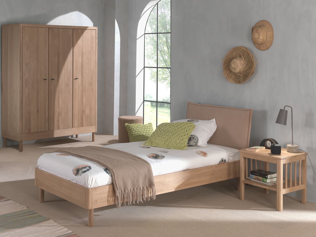 Set Futonbett Stoff Schrank 3T Nachtkonsole Lattenrost Eiche massiv geölt