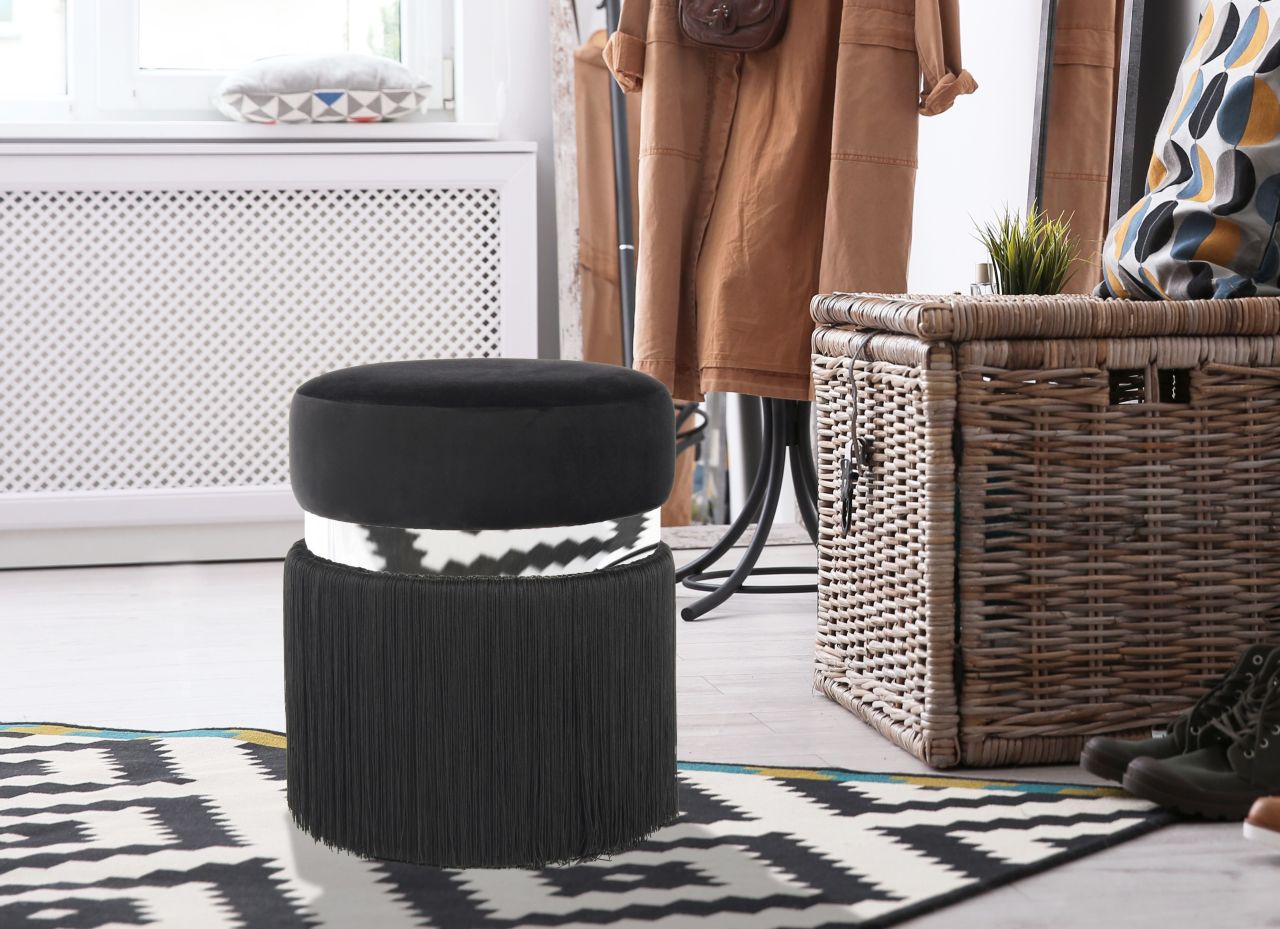 Hocker Pouf Samt design silber modern Sitz rund Metall Schminkhocker Fransen