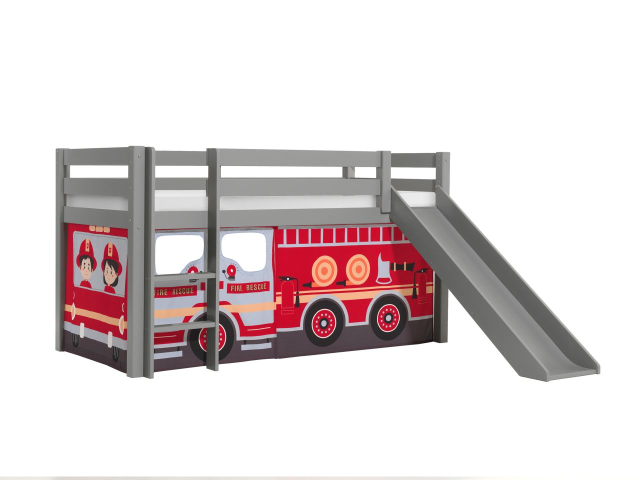 Vipack:'Pino' Halbhohes Spielbett mit Rutsche+Textilset Feuerwehr - Grau