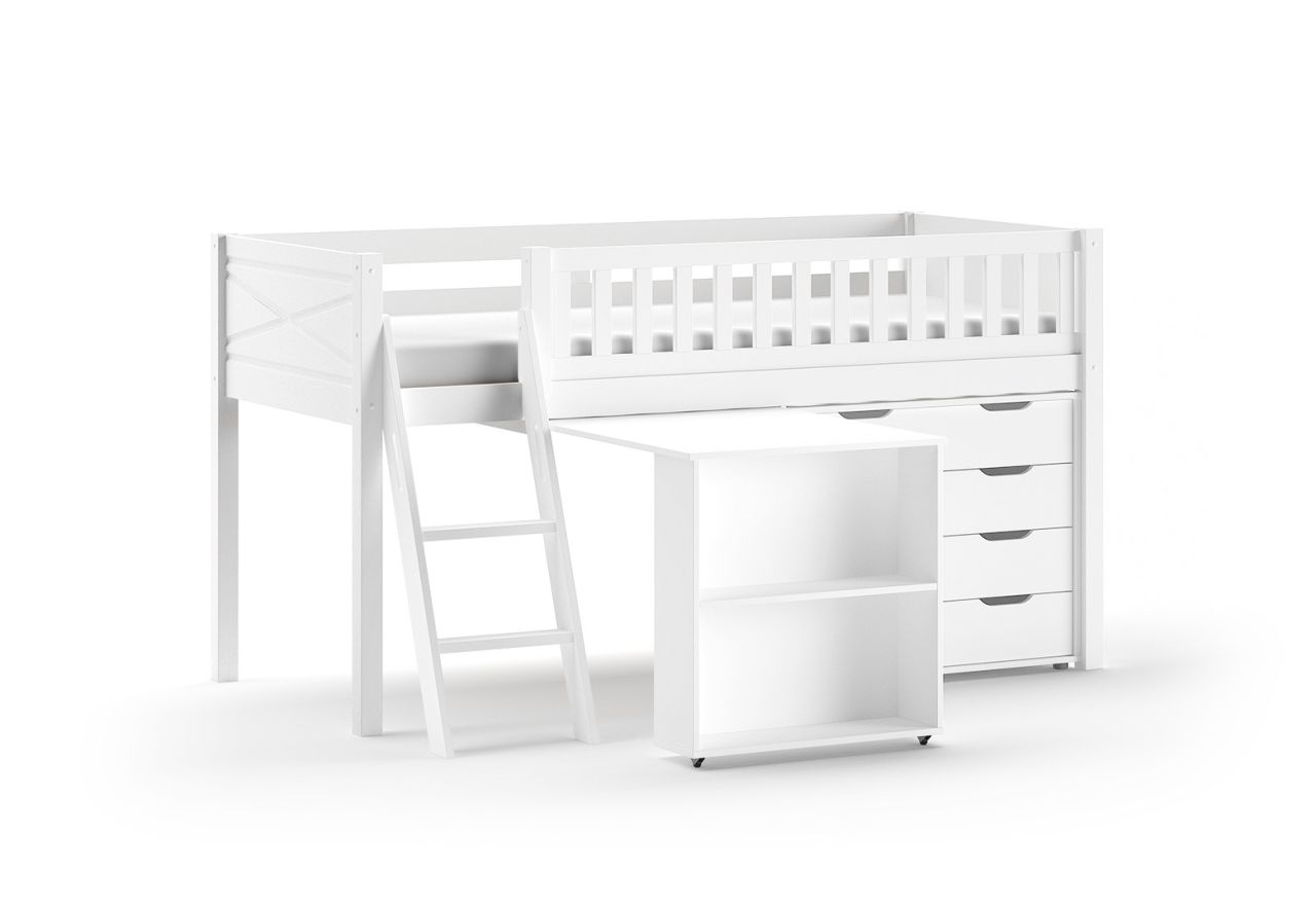 halbhohes Funktionsbett 90x200 Spielbett Jugendbett Schreibtisch Kommode Weiß