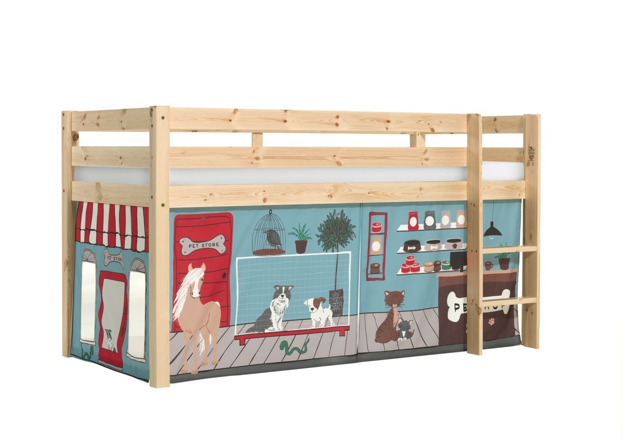 Vipack:'Pino' Halbhohes Bett mit Textilset 'Pet Shop'-Natur
