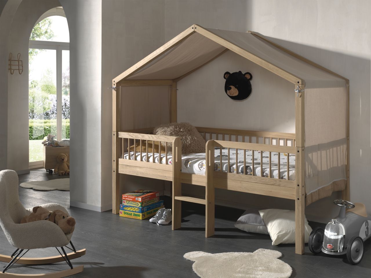 Halbhohes Hausbett Leiter Himmel Lattenrost 90x200 Spielbett Eiche massiv geölt