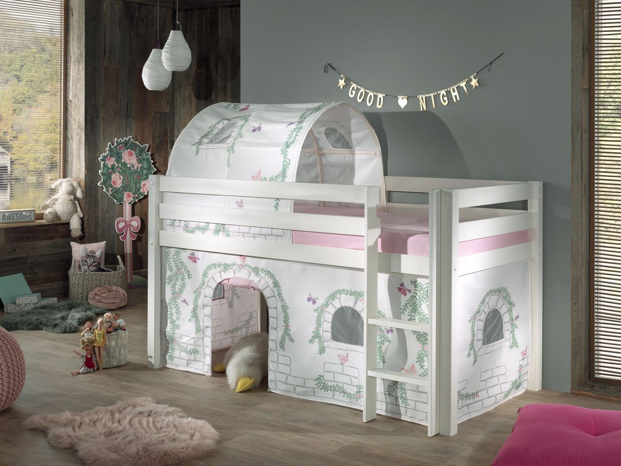 Vipack: PINO Spielbett / Hochbett 90x200 mit Vorhang+Tunnel 'Birdy' Massiv Weiß