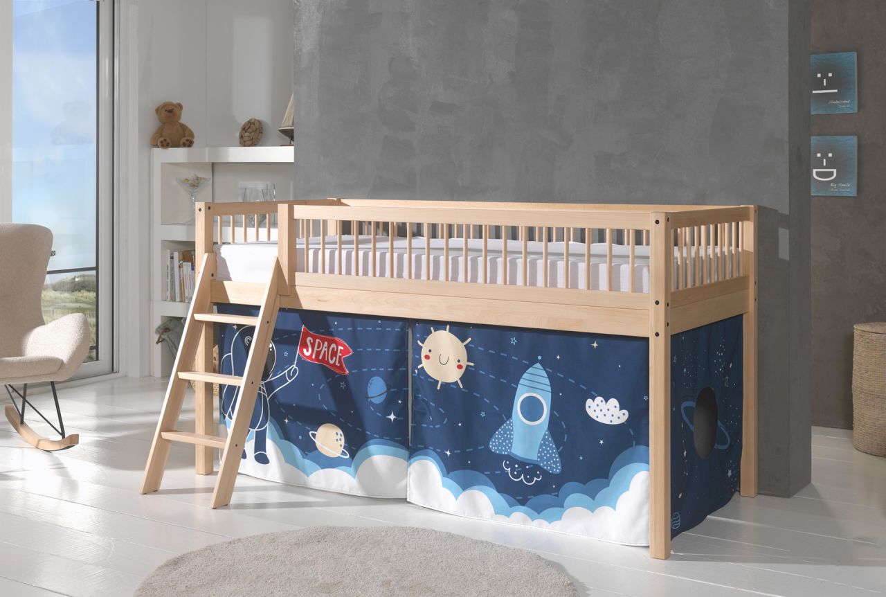 Halbhohes Spielbett Kinderbett 90x200 Vorhangset Weltraum Buche massiv Natur