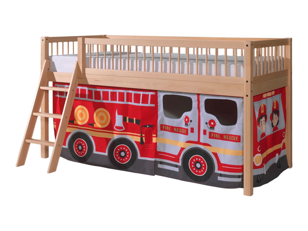 Halbhohes Spielbett Kinderbett 90x200 Vorhangset Feuerwehr Buche massiv Natur
