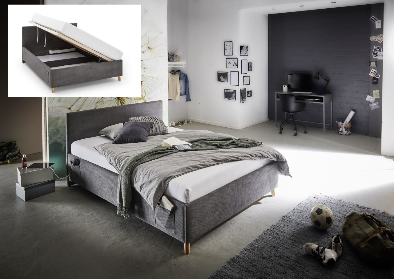 Polsterbett mit Bettkasten Lattenrost 3 Größen Jugendbett USB-Anschluss Anthr...