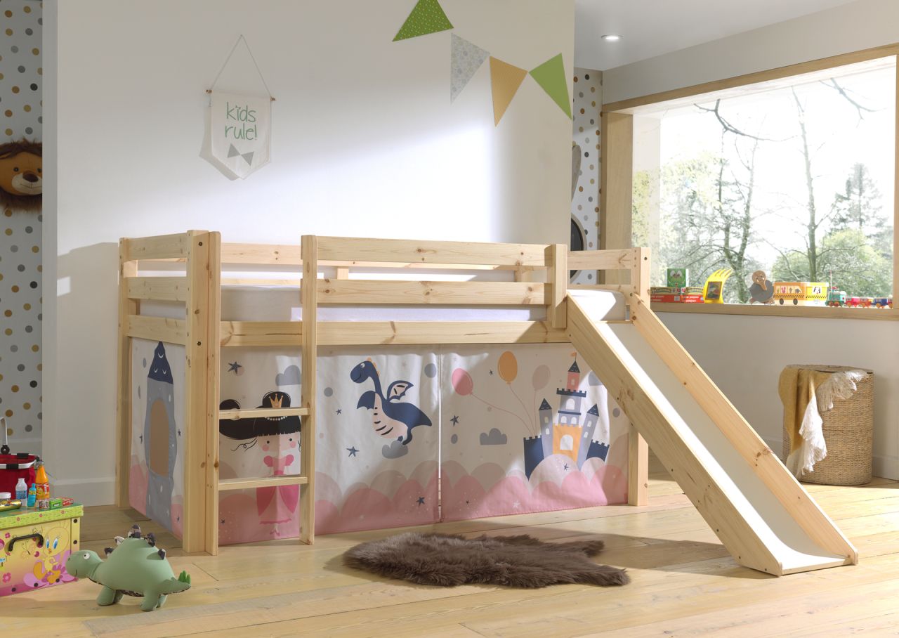 Vipack:'Pino' Halbhohes Bett mit Rutsche und Textilset 'Princess Sophie'-Kiefer