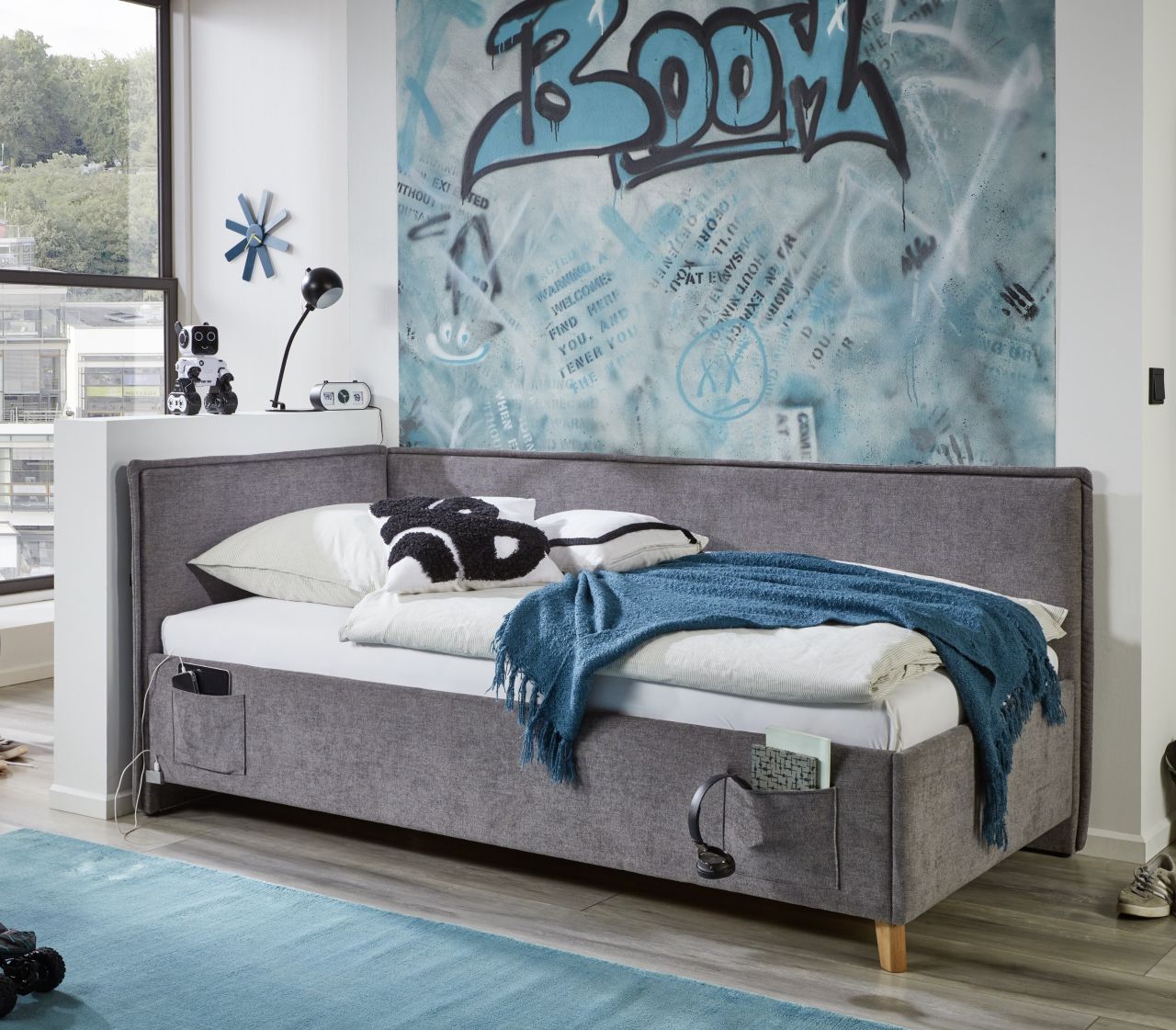 Polsterbett in 3 Größen mit Rückenteil USB-Anschluss Jugendbett Grau