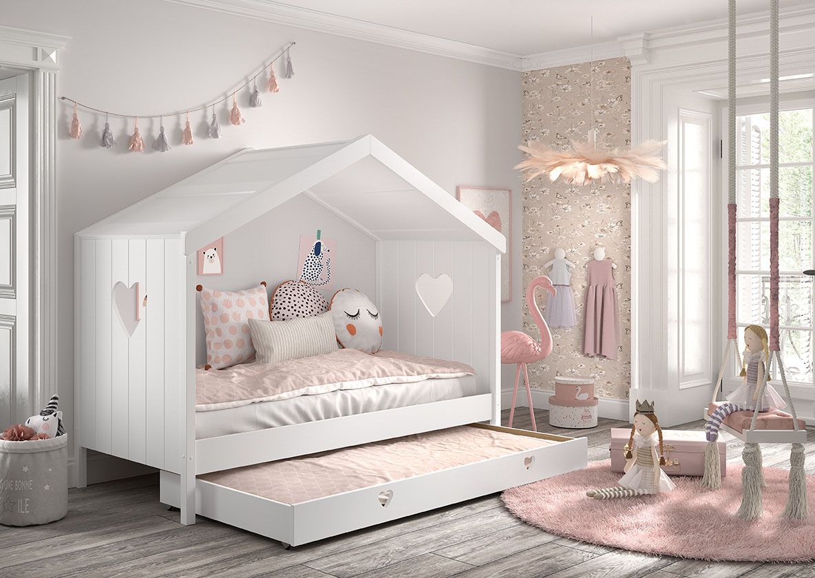 Hausbett 90x200 Bettschublade Kinderbett Einzelbett Lattenrost Herz Weiß Möbel