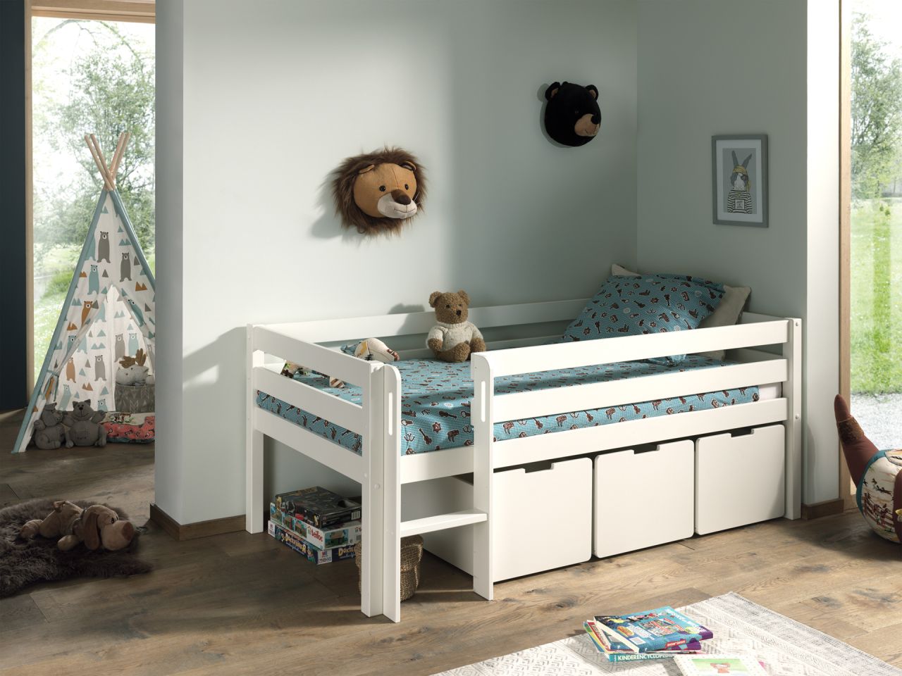 Kojen Spielbett 3 Bettschubladen Lattenrost 90x200 Kinderbett Einzelbett Set