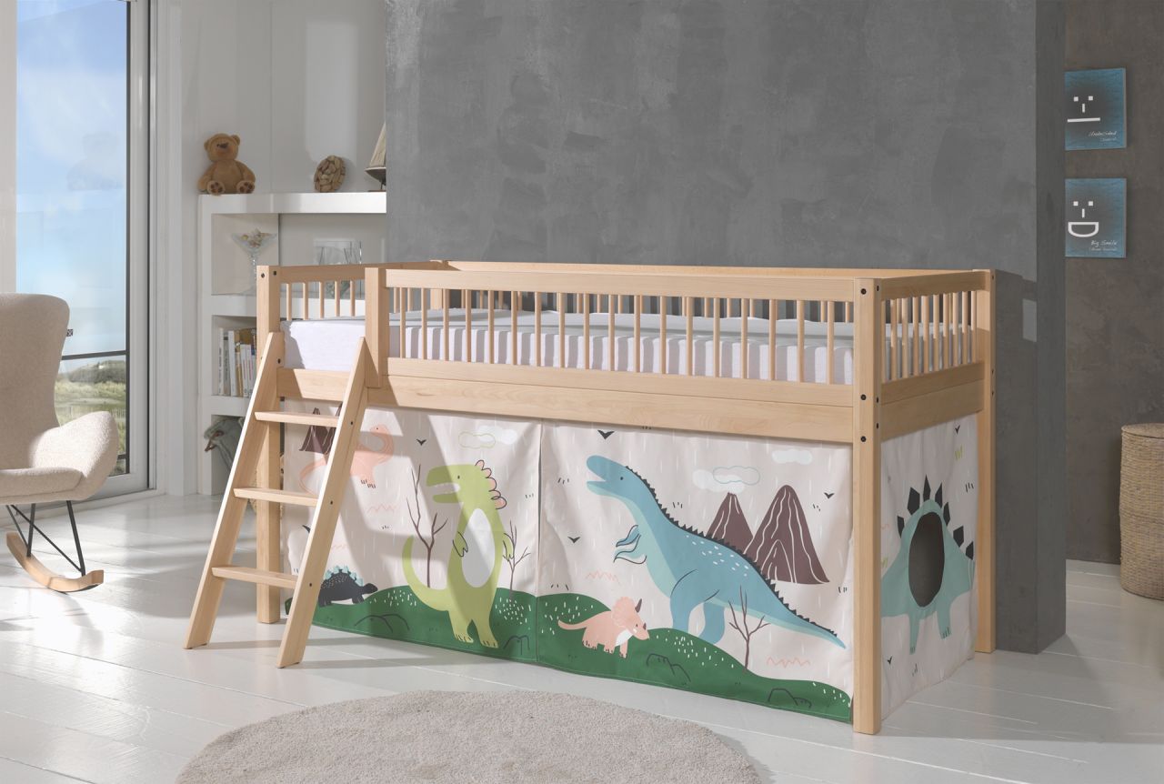 Halbhohes Spielbett Kinderbett 90x200 Vorhangset Dino Buche massiv Natur