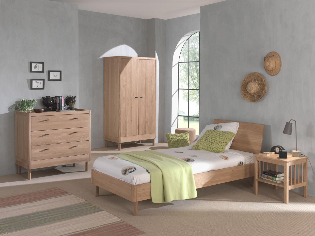 Set Futonbett Schrank 2T Nachtkonsole Kommode Lattenrost Eiche massiv geölt