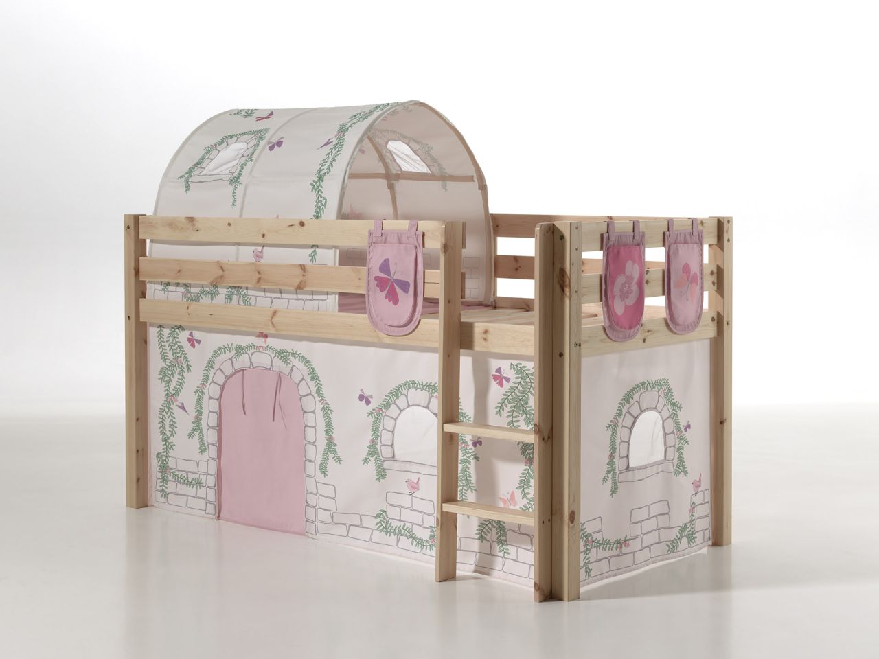 Vipack: 'PINO' Spielbett / Hochbett 90 x 200 mit Textilset 'Birdy' Massiv Natur