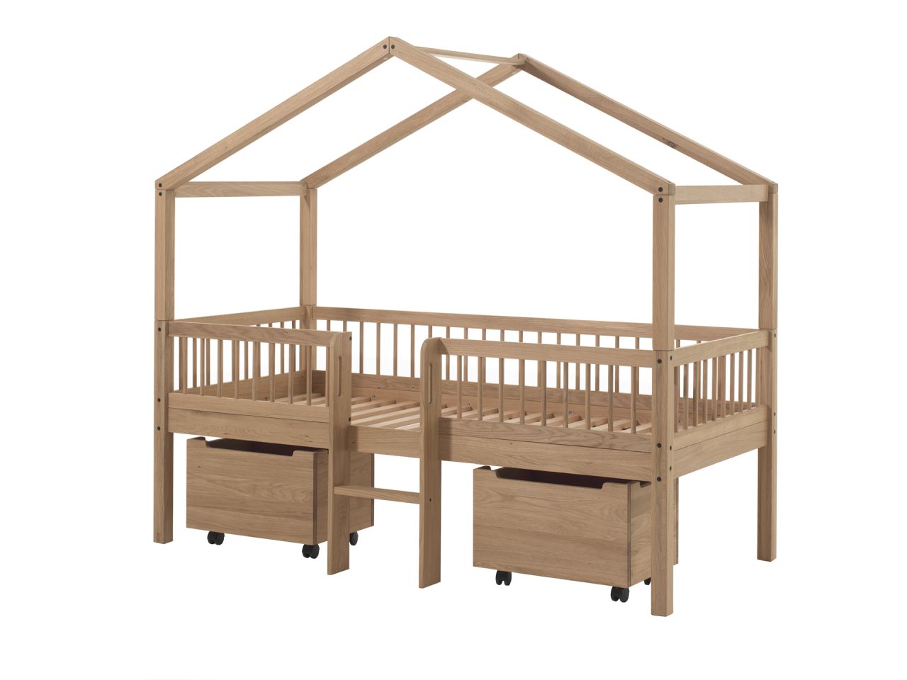 Halbhohes Hausbett Leiter Boxen Lattenrost 90x200 Spielbett Eiche massiv natur