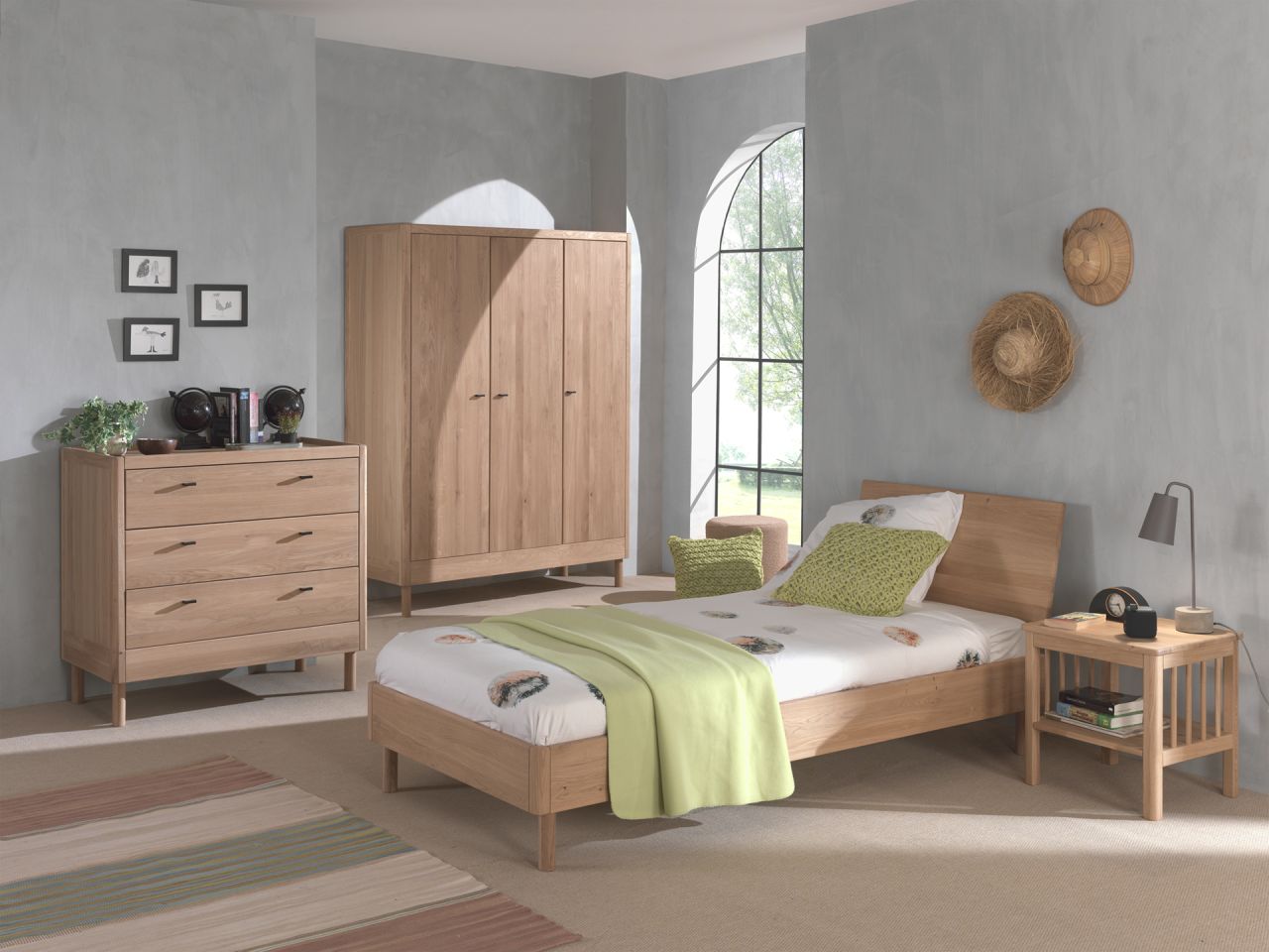 Set Futonbett Schrank 3T Nachtkonsole Kommode Lattenrost Eiche massiv geölt